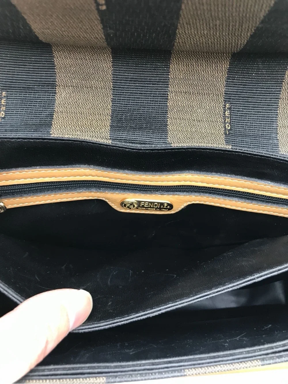 Fendi Pequin Stripe Crossbody Bag Vintage Brown Black Canvas Leather Flap Purse - Picture 10 of 14